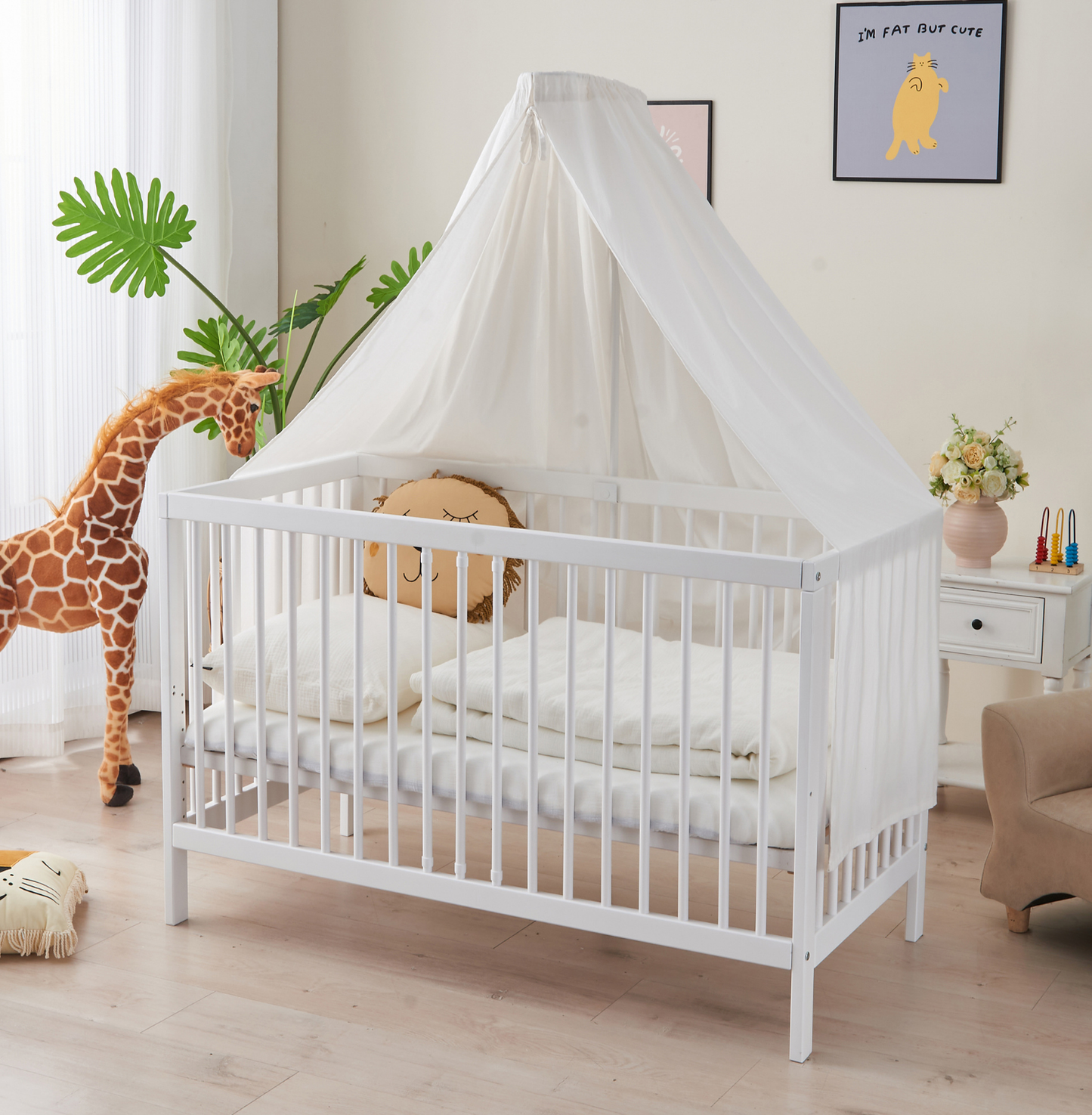 Babybett TOBI 60 x 120 cm - Komplet Set mit Matratze, Himmel und Himmelstange