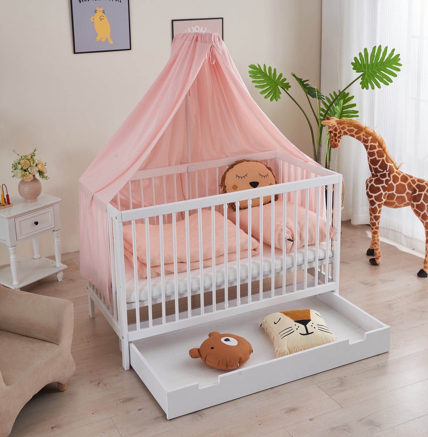 Babybett TOBI 60 x 120 cm - Komplet Set mit Matratze, Himmel und Himmelstange Babybetten.