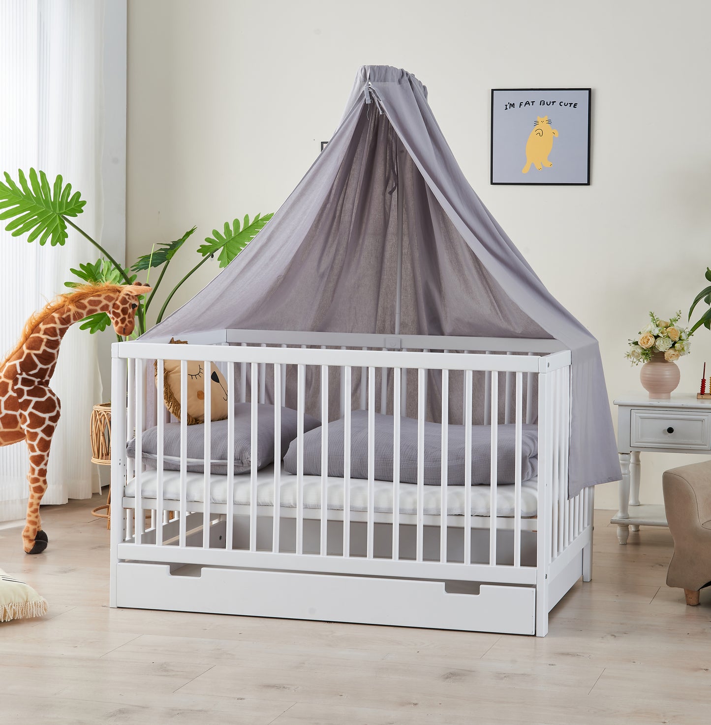 Babybett TOBI 60 x 120 cm - Komplet Set mit Matratze, Himmel und Himmelstange