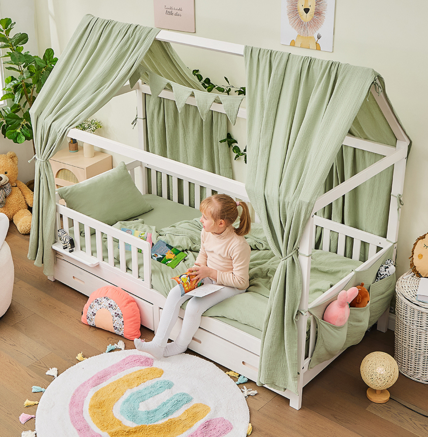 Hausbett CLOUD Komplett-Set mit Musselin Dekoset & Vorhang