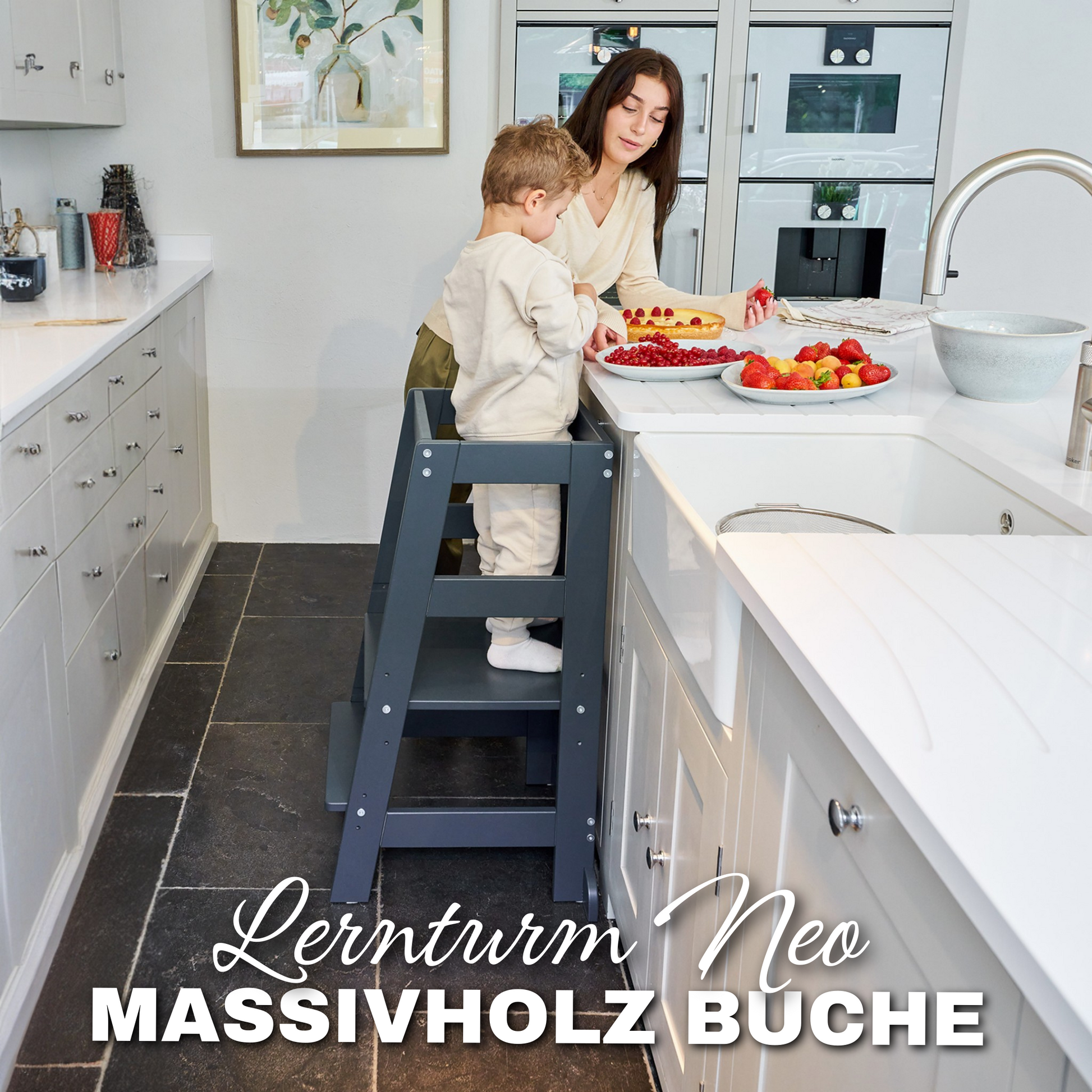 Lernturm NEO + Spielzeugtruhe BULLI Grau Lernturm.